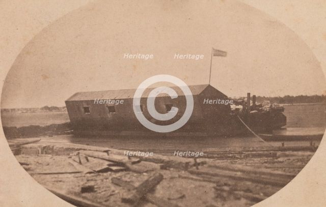 Hamilton's Floating Battery Moored at the End of Sullivan's Island the Night Before ..., April 1861. Creator: Attributed to Alma A. Pelot.