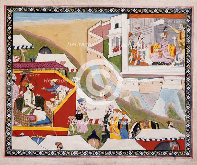 Hamir Receives Mehma, Folio from a Hamir Hath, c1840. Creator: Unknown.