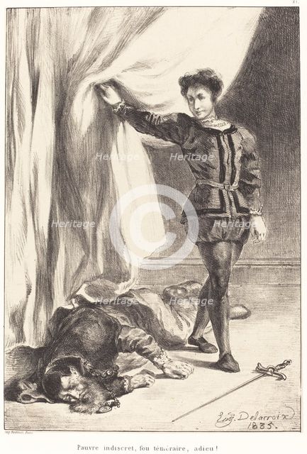 Hamlet and the Body of Polonius (Act III, Scene IV), 1835. Creator: Eugene Delacroix.