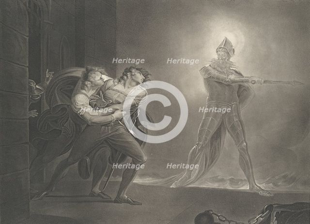 Hamlet, Horatio, Marcellus and the Ghost (Shakespeare, Haml..., first published 1796; reissued 1852. Creator: Robert Thew.