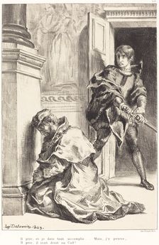 Hamlet is Tempted to Kill the King (Act III, Scene III), 1834/1843. Creator: Eugene Delacroix