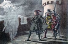 Hamlet seeing his father's ghost on the battlements of Elsinore Castle. Artist: Robert Dudley
