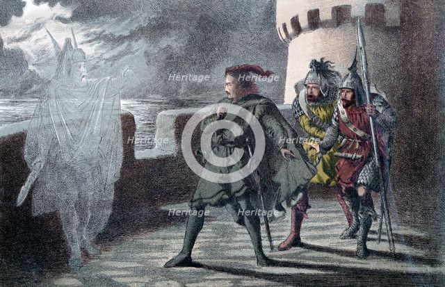 Hamlet seeing his father's ghost on the battlements of Elsinore Castle. Artist: Robert Dudley