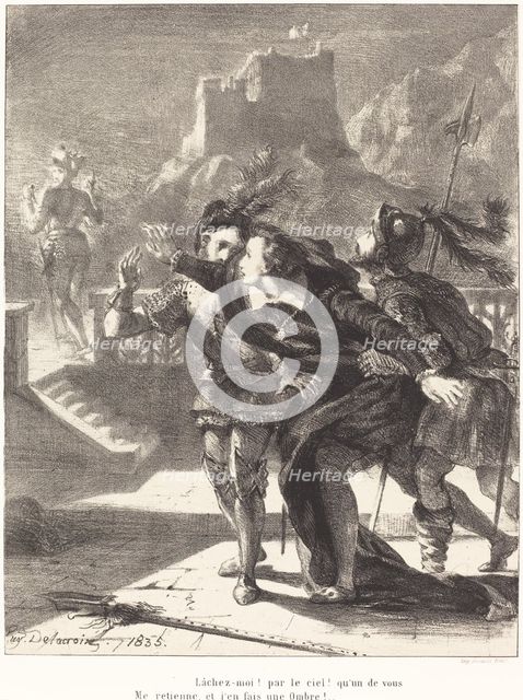 Hamlet Wishes to Follow the Ghost of his Father (Act I, Scene IV), 1835. Creator: Eugene Delacroix.