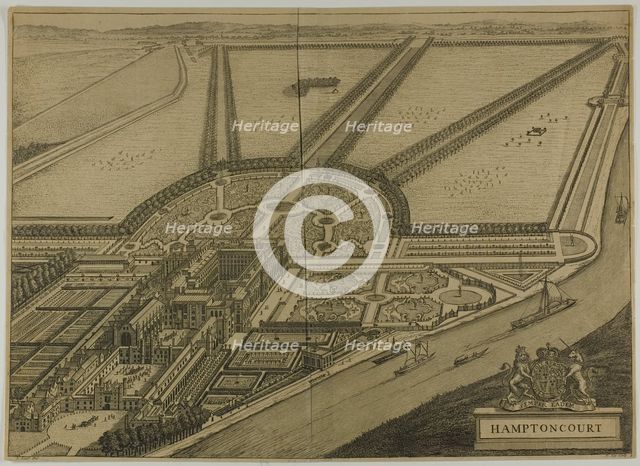 Hampton Court, plate six from Britannia Illustrata, published 1707. Creator: Johannes Kip.