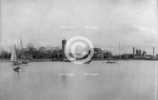 Hampton Institute campus from offshore (southern waterfront), Hampton, Virginia, 1899. Creator: Frances Benjamin Johnston.
