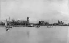 Hampton Institute campus from offshore (southern waterfront), Hampton, Virginia, 1899. Creator: Frances Benjamin Johnston