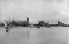 Hampton Institute campus from offshore (southern waterfront), Hampton, Virginia, 1899. Creator: Frances Benjamin Johnston