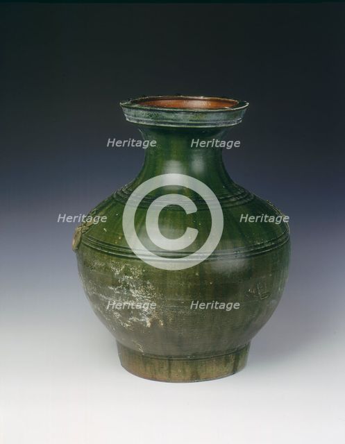 Han green lead glaze circular hu vase, Han dynasty, China, 202 BC-220 AD. Artist: Unknown
