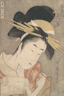 Hanamurasaki of the Tamaya, from the series Seven Komachi of the Pleasure Quarters (..., ca. 1790. Creator: Kitagawa Utamaro