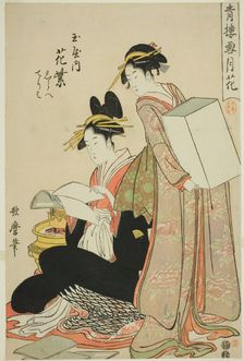 Hanamurasaki of the Tamaya, (kamuro:) Shirabe, Teriha, Flowers from the series Snow, Moon ..., 1793. Creator: Kitagawa Utamaro