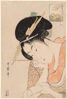 Hanaogi of the Ogiya, from the series "Renowned Beauties Likened to the Six Immortal..., c. 1795/96. Creator: Kitagawa Utamaro