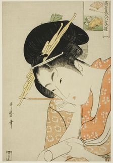 Hanaogi of the Ogiya, from the series "Renowned Beauties Likened to the Six Immortal..., c. 1795/96. Creator: Kitagawa Utamaro