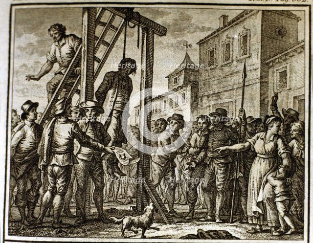 Hanging the Governor by settlers during the French occupation (1650), engraving, 1807.