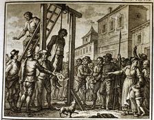 Hanging the Governor by settlers during the French occupation (1650), engraving, 1807