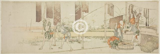 Hanging up dyed cloth, Japan, c. 1805. Creator: Hokusai.