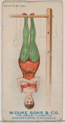 Hanging by Toes, from the Gymnastic Exercises series (N77) for Duke brand cigarettes, 1887., 1887. Creator: Unknown
