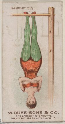 Hanging by Toes, from the Gymnastic Exercises series (N77) for Duke brand cigarettes, 1887., 1887. Creator: Unknown