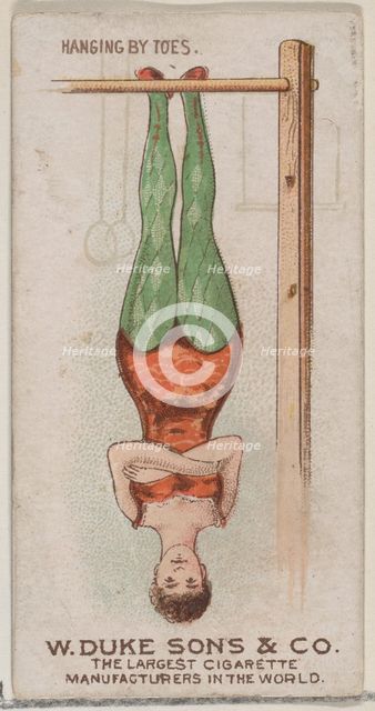 Hanging by Toes, from the Gymnastic Exercises series (N77) for Duke brand cigarettes, 1887., 1887. Creator: Unknown.