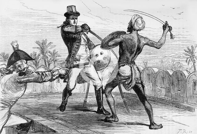 'Hand-to-Hand Combat Between Mr. Shore and the Goojur', c1891. Creator: James Grant.