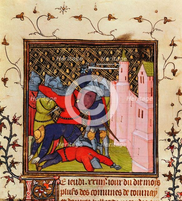 Hand-to-hand fighting with swords in defence of a castle, 14th century. Artist: Unknown