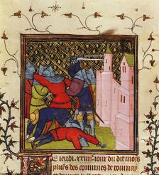 Hand-to-hand fighting with swords in defence of a castle, 14th century