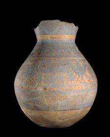 Hand- and wheel-made jar with blue painted motifs, XVIIIth Dynasty (c1540 BC-c1292 BC)