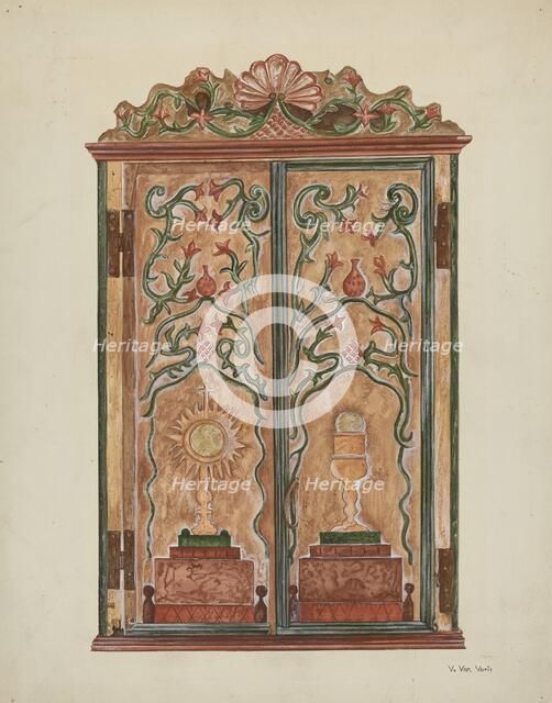 Hand-carved Cabinet, c. 1937. Creator: Vera Van Voris.