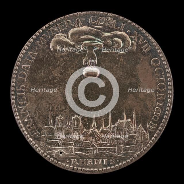 Hand Holding Sacred Ampulla over Rheims [reverse], 1610. Creator: Nicolas Briot.