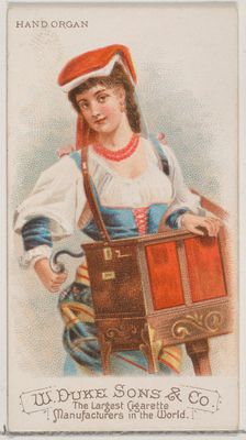 Hand Organ, from the Musical Instruments series (N82) for Duke brand cigarettes, 1888., 1888. Creator: Schumacher & Ettlinger