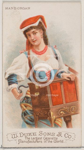 Hand Organ, from the Musical Instruments series (N82) for Duke brand cigarettes, 1888., 1888. Creator: Schumacher & Ettlinger.