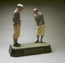 Hand-painted figures advertising Sportsman Knitwear, c1910