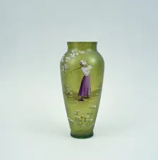 Hand-painted glass vase showing lady golfer, 10 1/2 inches high, c1905. Creator: Unknown