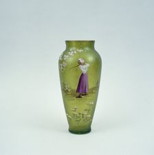 Hand-painted glass vase showing lady golfer, 10 1/2 inches high, c1905. Creator: Unknown