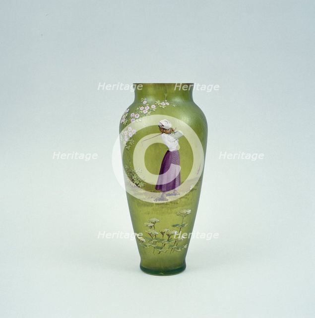 Hand-painted glass vase showing lady golfer, 10 1/2 inches high, c1905. Creator: Unknown.