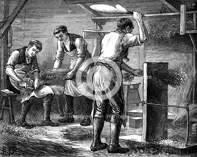 Hand-scutchers at work, c1880. Artist: Unknown