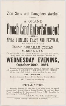 Handbill advertising a punch card event at A.M.E. Zion Church Stony Brook, 1884. Creator: Unknown