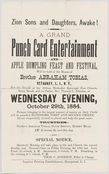 Handbill advertising a punch card event at A.M.E. Zion Church Stony Brook, 1884. Creator: Unknown