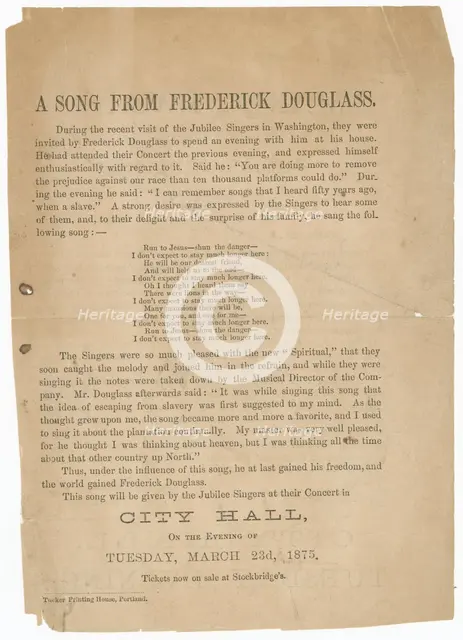 Handbill for a performance by the Fisk Jubilee Singers, 1875.  Creator: Unknown.