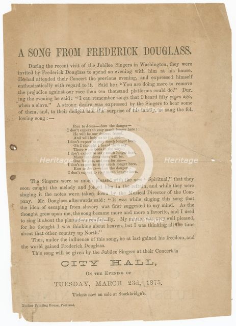 Handbill for a performance by the Fisk Jubilee Singers, 1875.  Creator: Unknown.