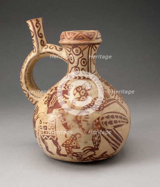 Handle Spout Jar with Fineline Bird Hunt Motifs, 100 B.C./A.D. 500. Creator: Unknown.