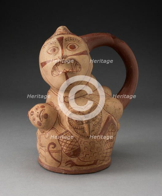 Handle Spout Vessel with Composite Relief Depicting a Human Head, Owl, and Serpent, 100 BC/AD 500. Creator: Unknown.