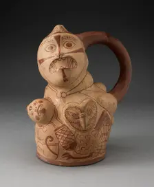 Handle Spout Vessel with Composite Relief Depicting a Human Head, Owl, and Serpent, 100 BC/AD 500. Creator: Unknown
