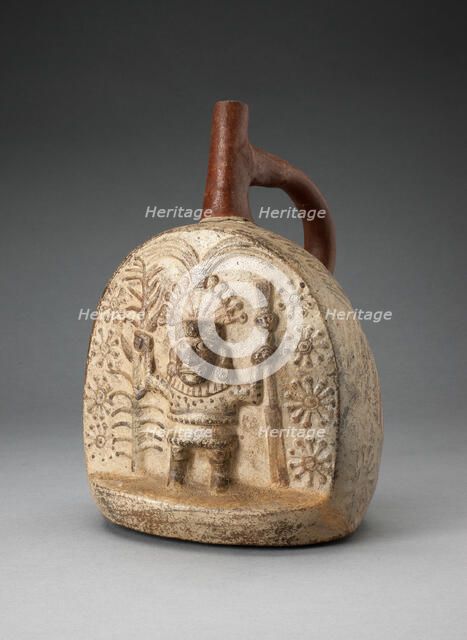 Handle Spout Vessel with Relief Depicting a Standing Figure, Holding Farming Tools, 100 B.C./A.D. 50 Creator: Unknown.