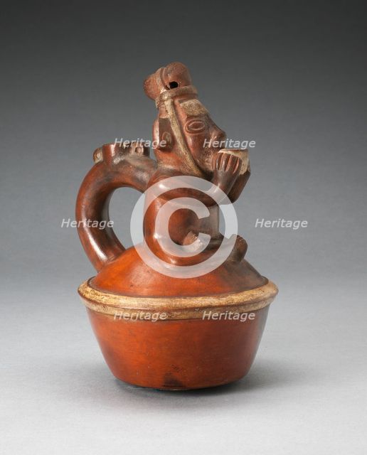 Handle Spout Vessel Depicting Seated Figure Drinking from Cup, A.D. 1200/1450. Creator: Unknown.