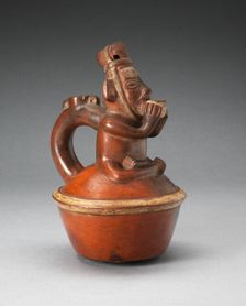 Handle Spout Vessel Depicting Seated Figure Drinking from Cup, A.D. 1200/1450. Creator: Unknown