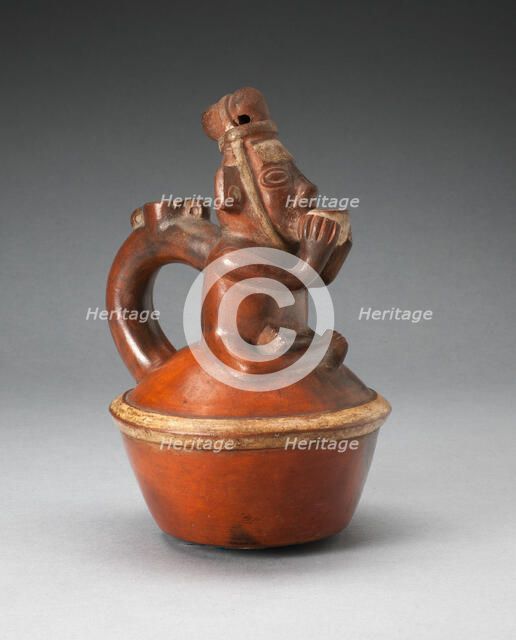 Handle Spout Vessel Depicting Seated Figure Drinking from Cup, A.D. 1200/1450. Creator: Unknown.