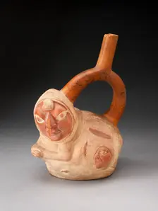 Handle Spout Vessel in the Form of a Crouching Figure with Human Heads Attached to..., 100 BC/AD500. Creator: Unknown