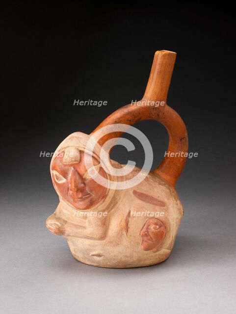 Handle Spout Vessel in the Form of a Crouching Figure with Human Heads Attached to..., 100 BC/AD500. Creator: Unknown.