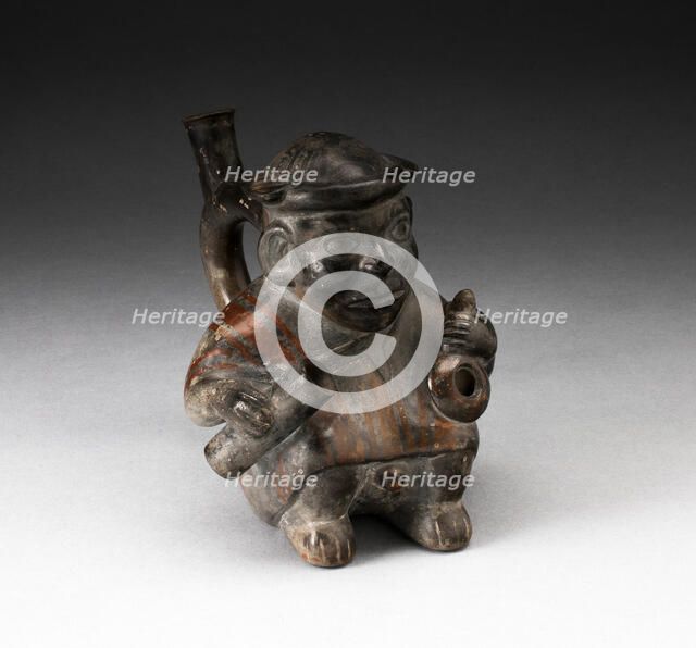 Handle Spout Vessel in the Form of a Figure Holding Corn Popper and Rolled Mat, 100 B.C./A.D. 500. Creator: Unknown.